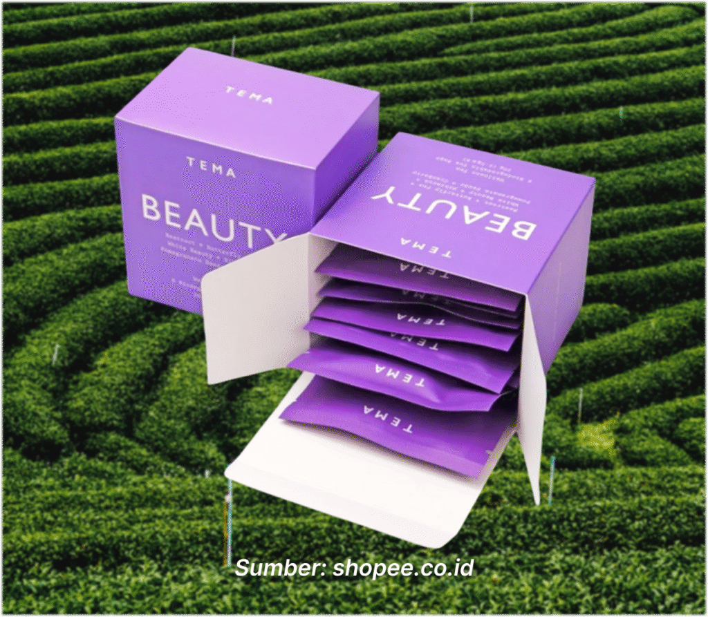 Box teh berwarna ungu "Beauty - White Beet & Pomegranate Tea" dari TEMA