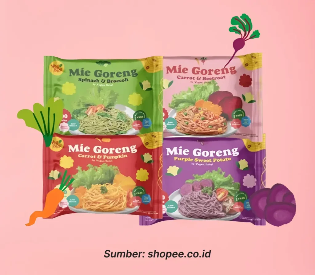 Produk mie goreng instan vegan 4 pcs varian berbeda dari Vegan Baby. Gambar latar belakang dari unsplash.com/@picoftasty